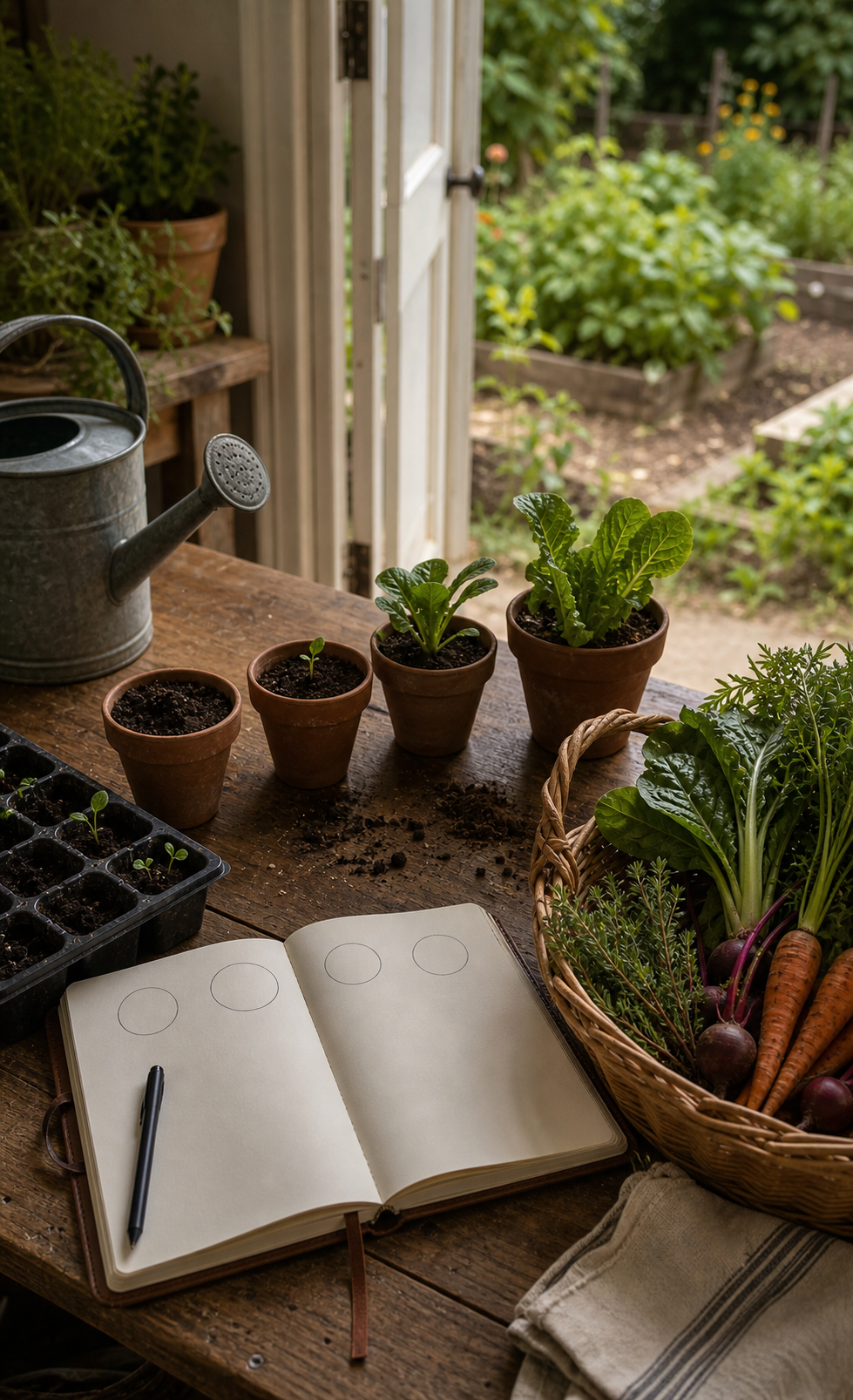 Beginner lunar gardening monthly rhythm with four small pots, seed tray, watering can, harvest basket, and blank notebook