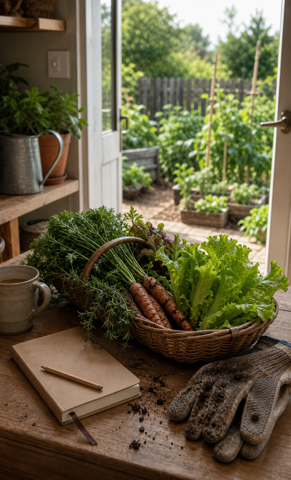 Beginner lunar garden first harvest with lettuce, herbs, carrots, muddy gloves, and a blank notebook by an open garden door