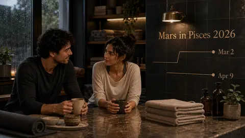 Mars in Pisces 2026 article image with transit dates integrated into a calm studio wall