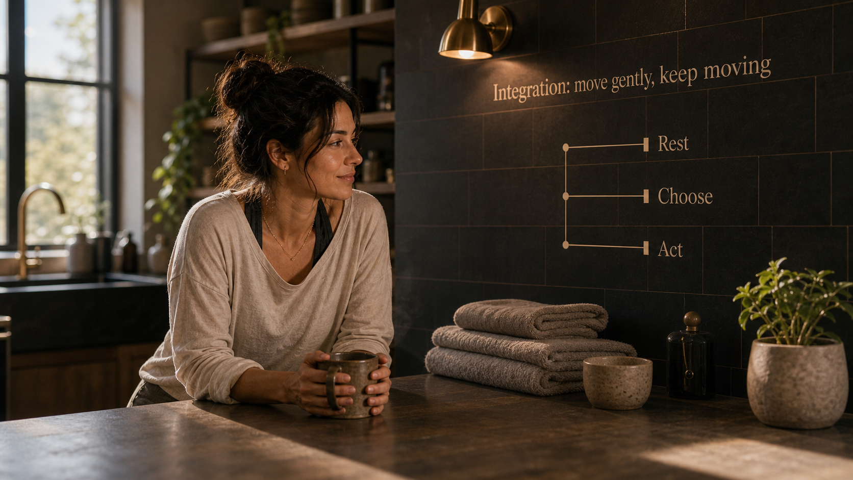 Mars in Pisces 2026 integration image with rest choose and act steps on a warm kitchen wall