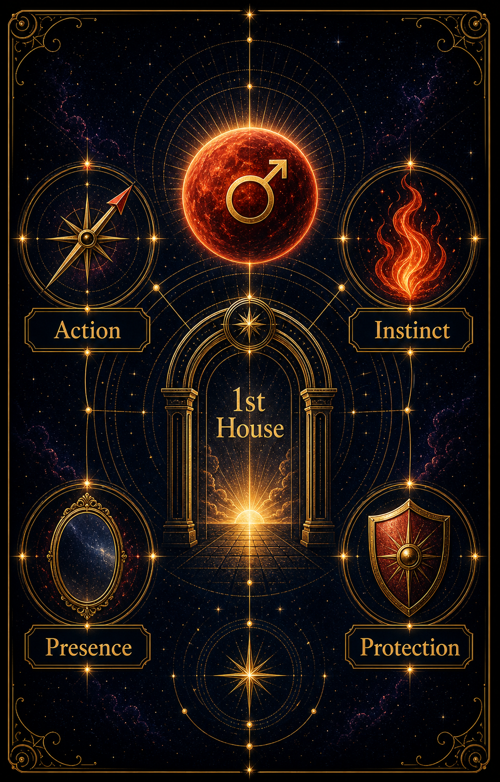 Mars in the 1st house core concept infographic with action, instinct, presence, and protection