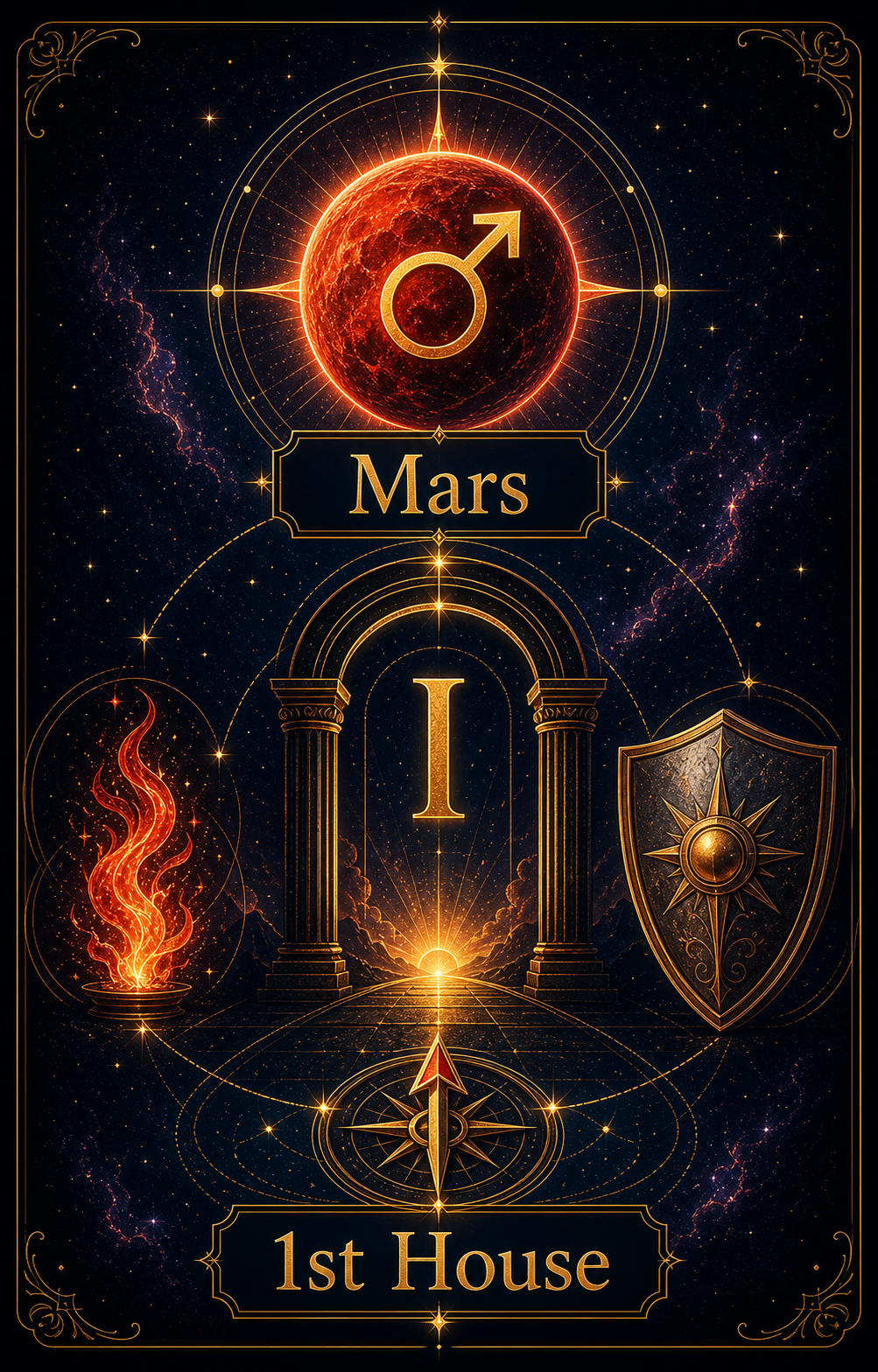 Mars in the 1st house hero with Mars planet, ascendant gate, shield, flame, and forward compass
