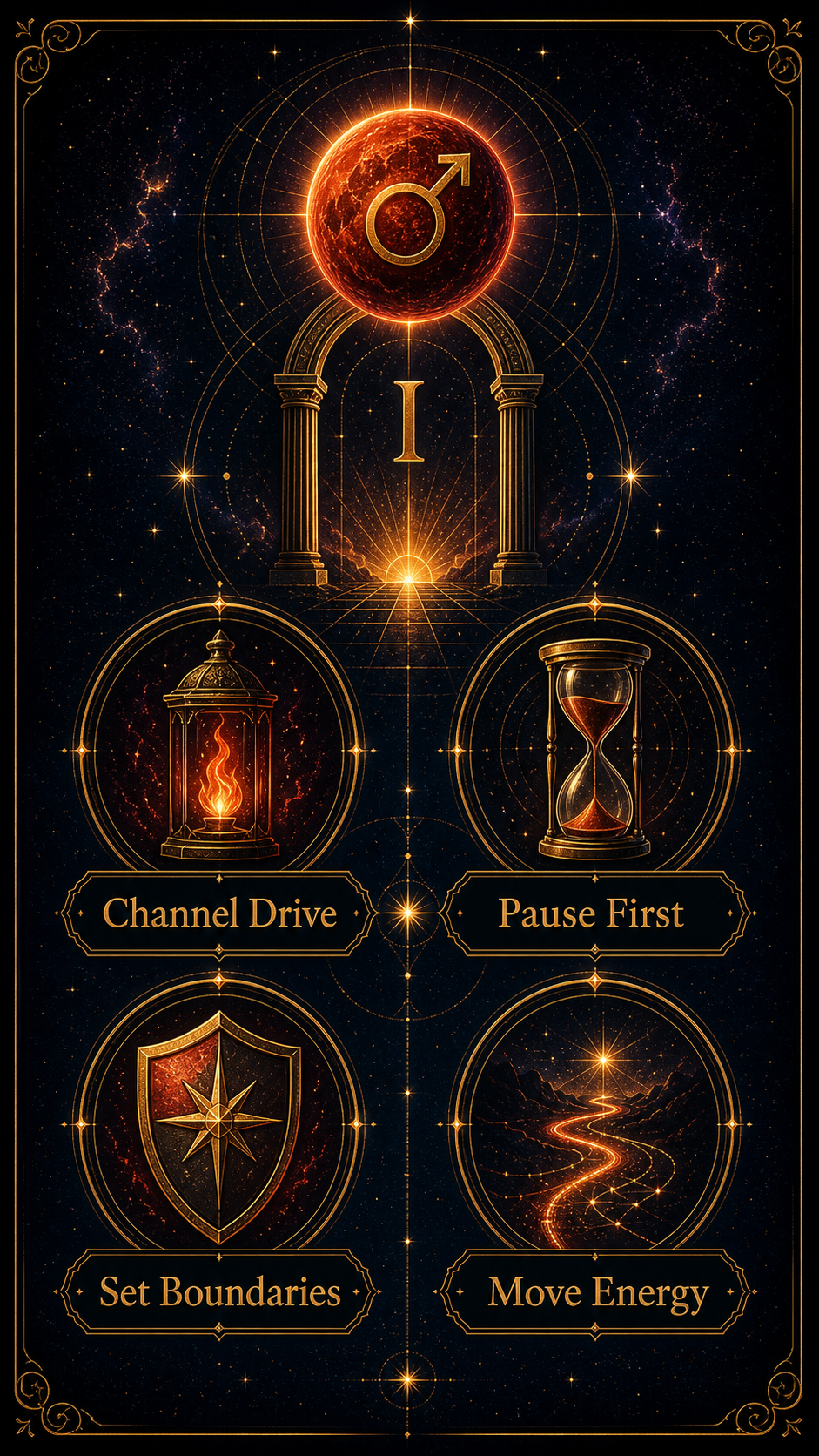 Mars in the 1st house guidance infographic with channel drive, pause first, set boundaries, and move energy