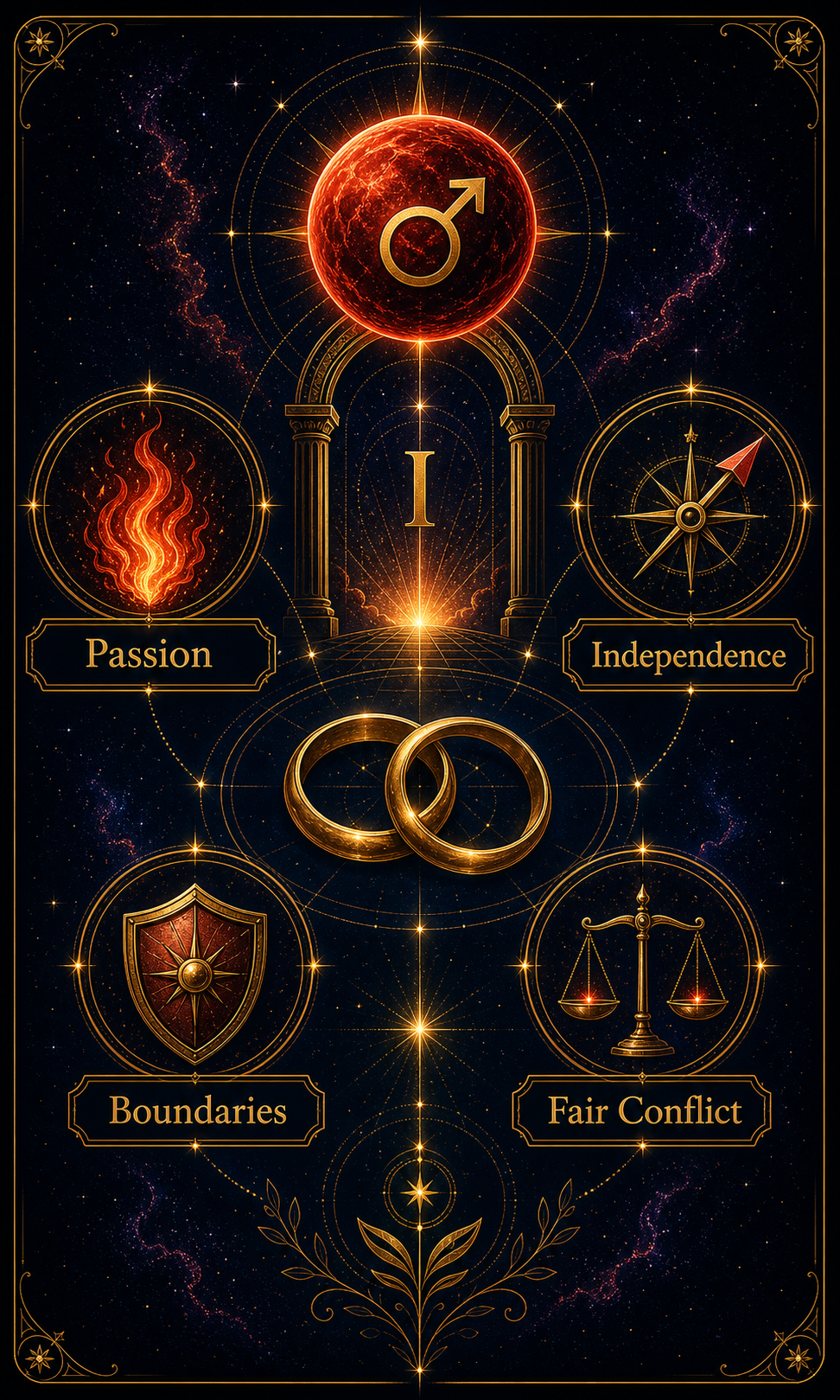 Mars in the 1st house relationships infographic with passion, independence, boundaries, and fair conflict