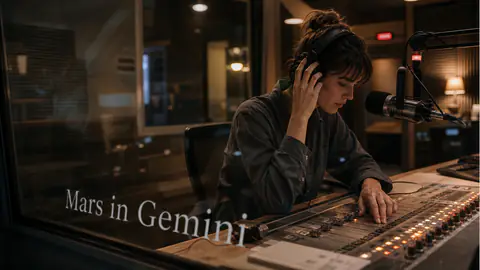 A person working in a radio booth with Mars in Gemini integrated into the studio glass