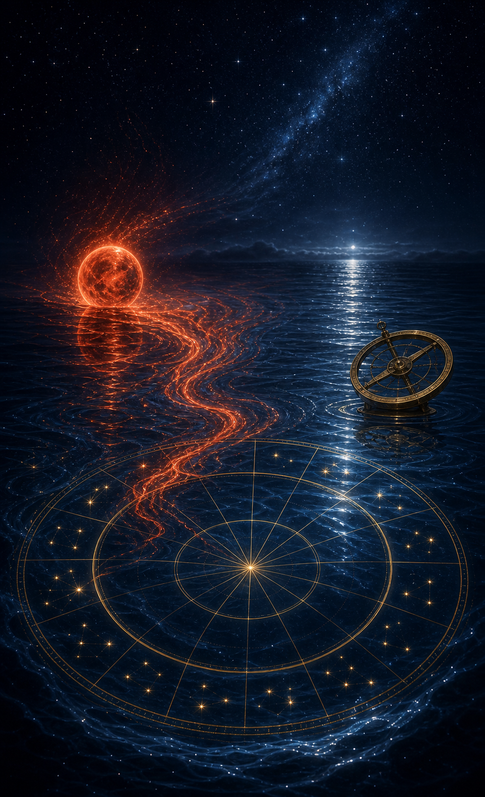 Mars in Pisces core meaning image with red Mars energy flowing through blue water and a reflected natal chart wheel