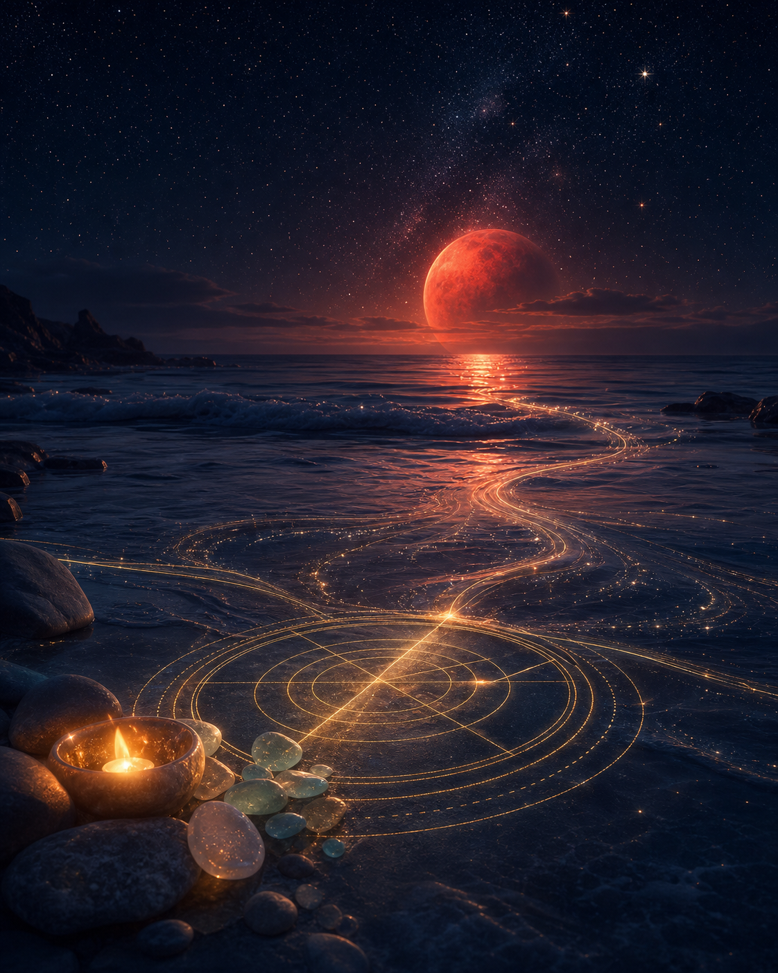 Mars in Pisces integration image with calm shoreline, red Mars glow, and gentle water currents for compassionate action