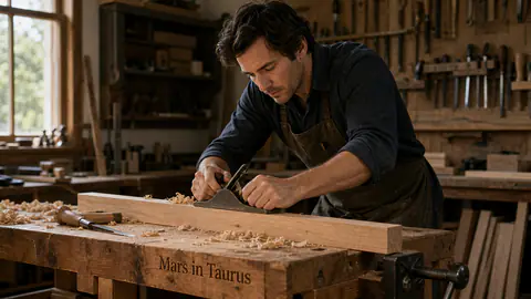 A person working steadily in a woodworking shop with Mars in Taurus integrated into the bench