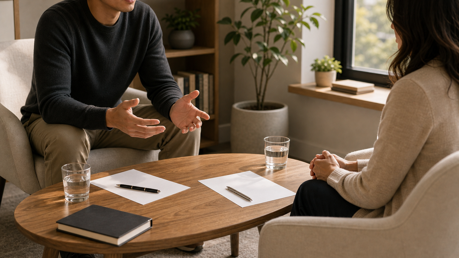 Mercury in the 7th house lifestyle image showing partnership dialogue, listening, negotiation, and balanced one-on-one communication