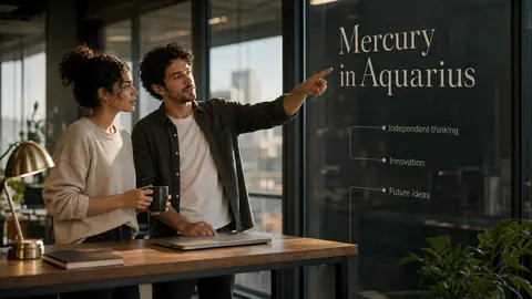 Two adults discuss Mercury in Aquarius ideas beside innovation labels on a glass wall