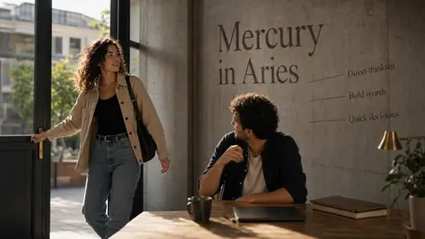 Mercury in Aries article image with direct thinking and bold words on a concrete wall