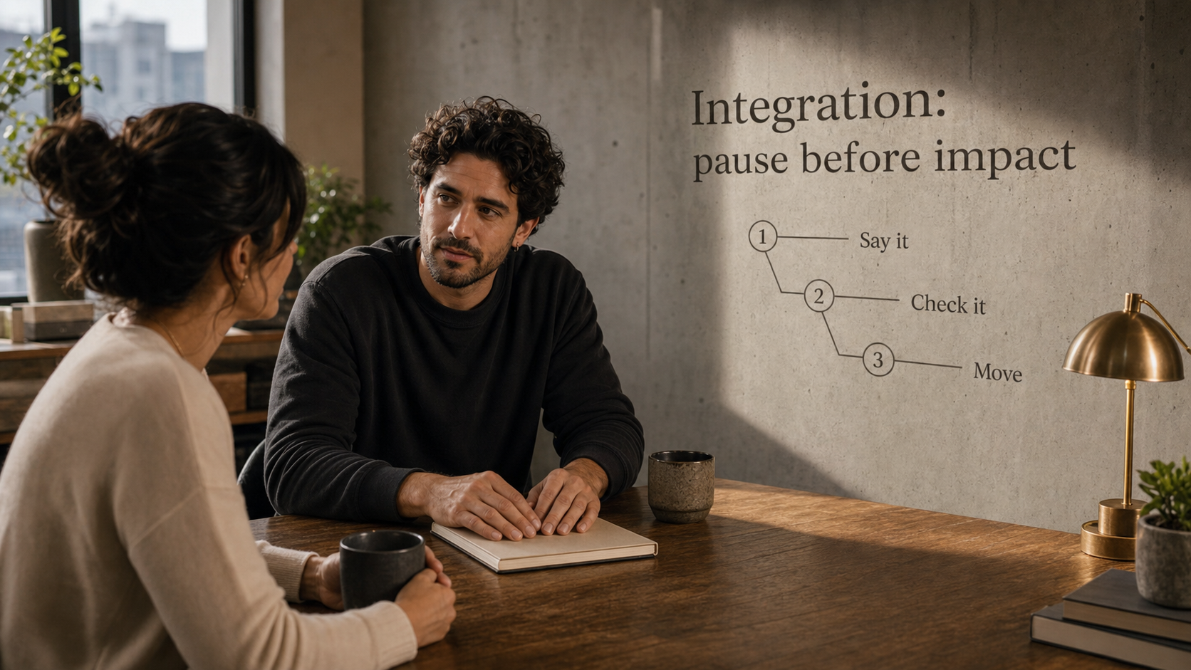Mercury in Aries integration image with pause before impact steps in a meeting room