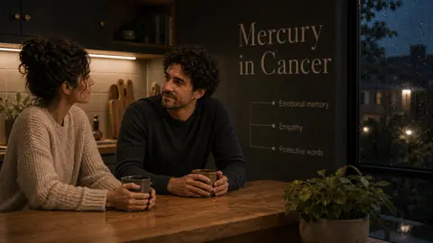 Mercury in Cancer article image with emotional memory and empathy labels in a rainy kitchen conversation
