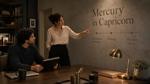 Mercury in Capricorn article image with structured thinking and strategy labels in a planning room