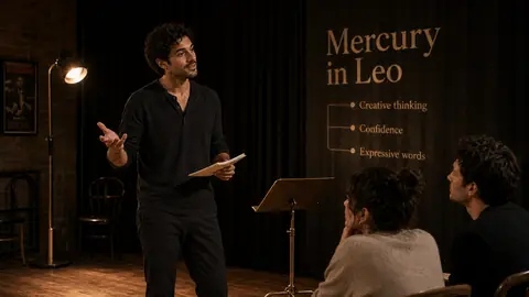 Mercury in Leo article image with creative thinking confidence and expressive words in a rehearsal room