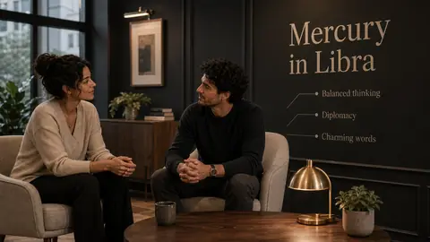 Mercury in Libra article image with balanced thinking diplomacy and charming words in a mediation room