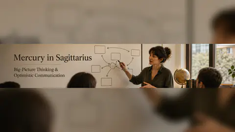 Mercury in Sagittarius: Big-Picture Thinking & Your Optimistic Communication Style hero image with article title text and visual astrology themes