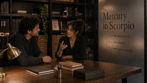 Mercury in Scorpio article image with deep thinking and hidden meaning labels in a private archive room