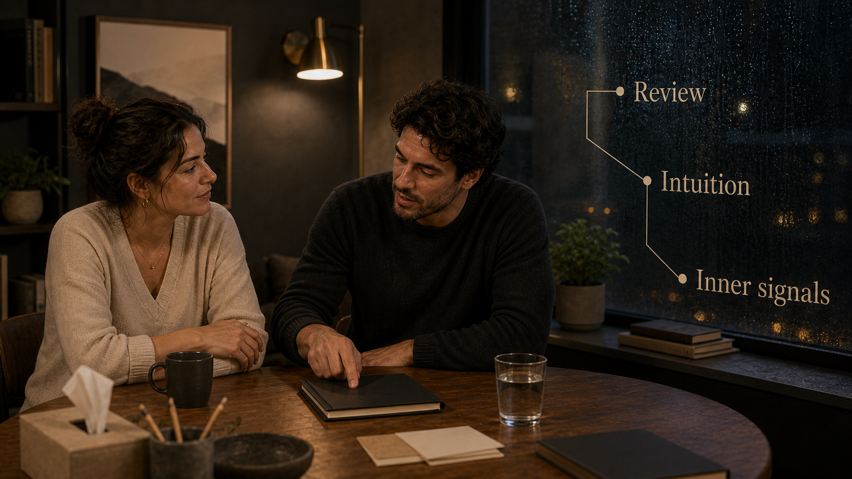 Mercury Retrograde in Pisces 2026 core meaning image with review, intuition, and inner signals labels on rain-dark glass