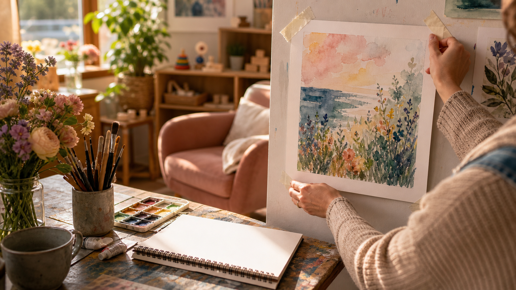Moon in the 5th house lifestyle image showing creative practice, playful self-care, romance, emotional expression, and artistic follow-through