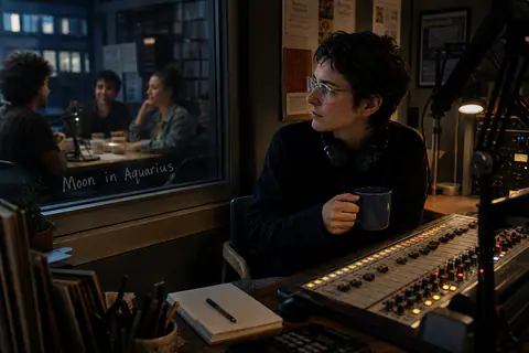 A person in a community radio room with Moon in Aquarius integrated into the studio glass