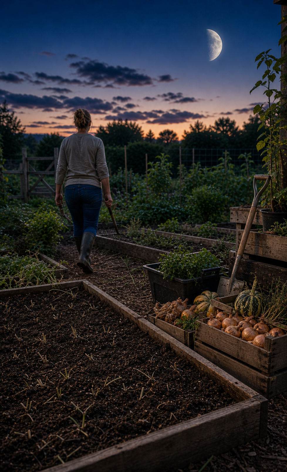 Cleared garden beds after Aries Moon cleanup with stored onions, squash, trimmed herbs, and twilight sky