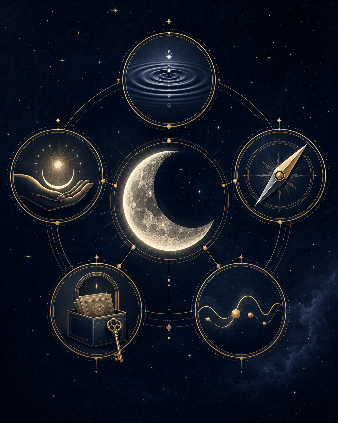 Moon in astrology infographic showing emotions, instincts, nurturing, memory, and body rhythms as lunar symbols