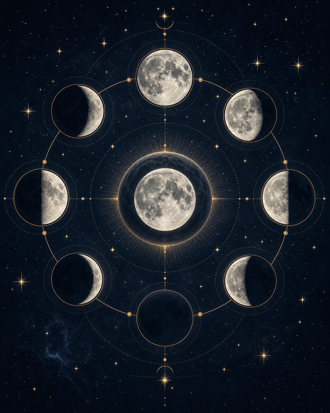 Moon in astrology lunar cycle image with moon phases, eclipse shadows, and a birth chart wheel