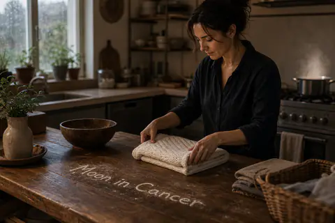 A person folding a blanket in a warm kitchen with Moon in Cancer integrated into the table