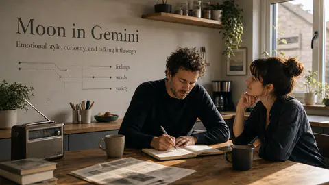 Two people talking at a kitchen table with Moon in Gemini integrated into the wall