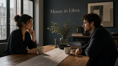 Two adults in a calm conversation with Moon in Libra integrated into the dining room wall