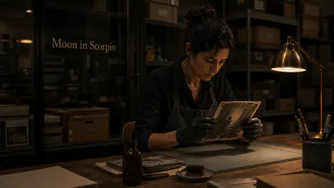 A person working in a quiet archive room with Moon in Scorpio integrated into the glass cabinet