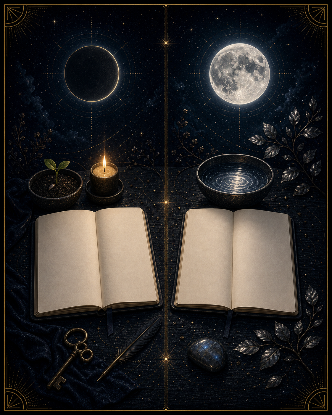 Moon journaling prompts image comparing blank new moon and full moon journal pages