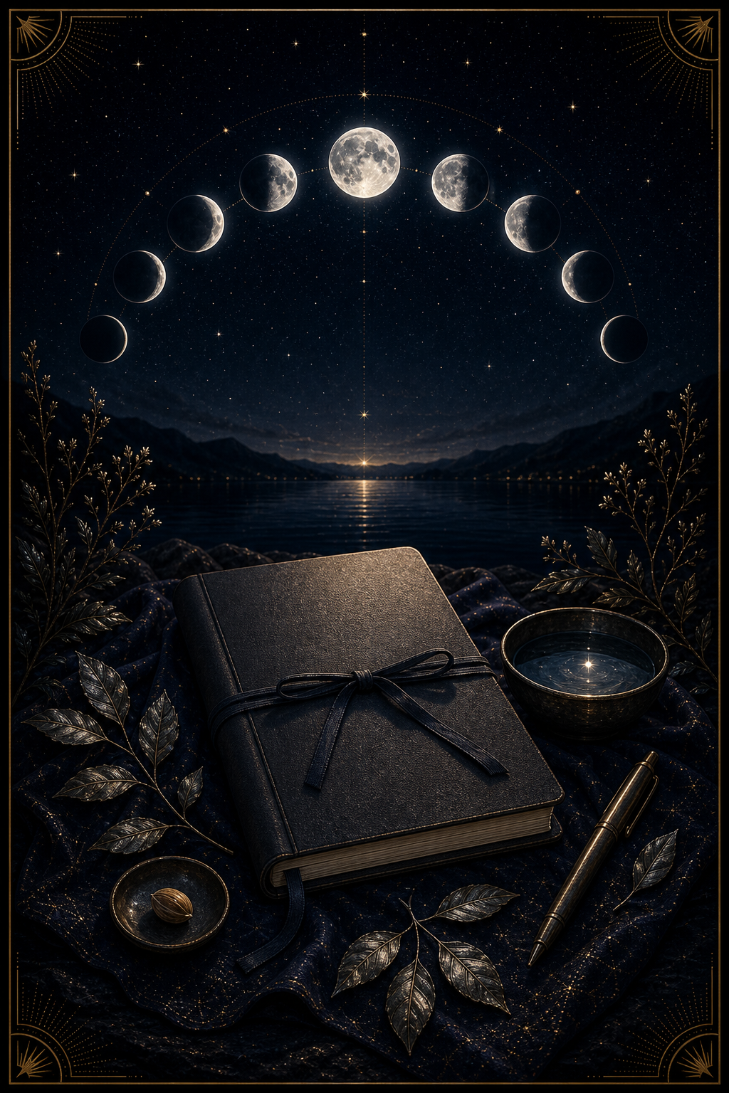 Moon journaling integration image with closed blank journal pen water bowl seed leaves and moon phase arc