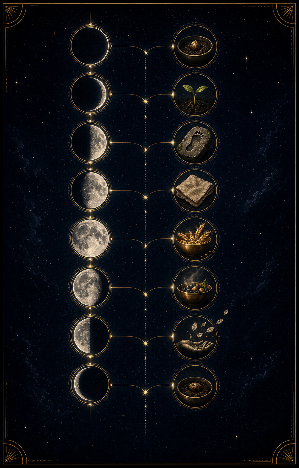 Moon manifestation phase arc image with moon phases seed sprout harvest release and rest symbols