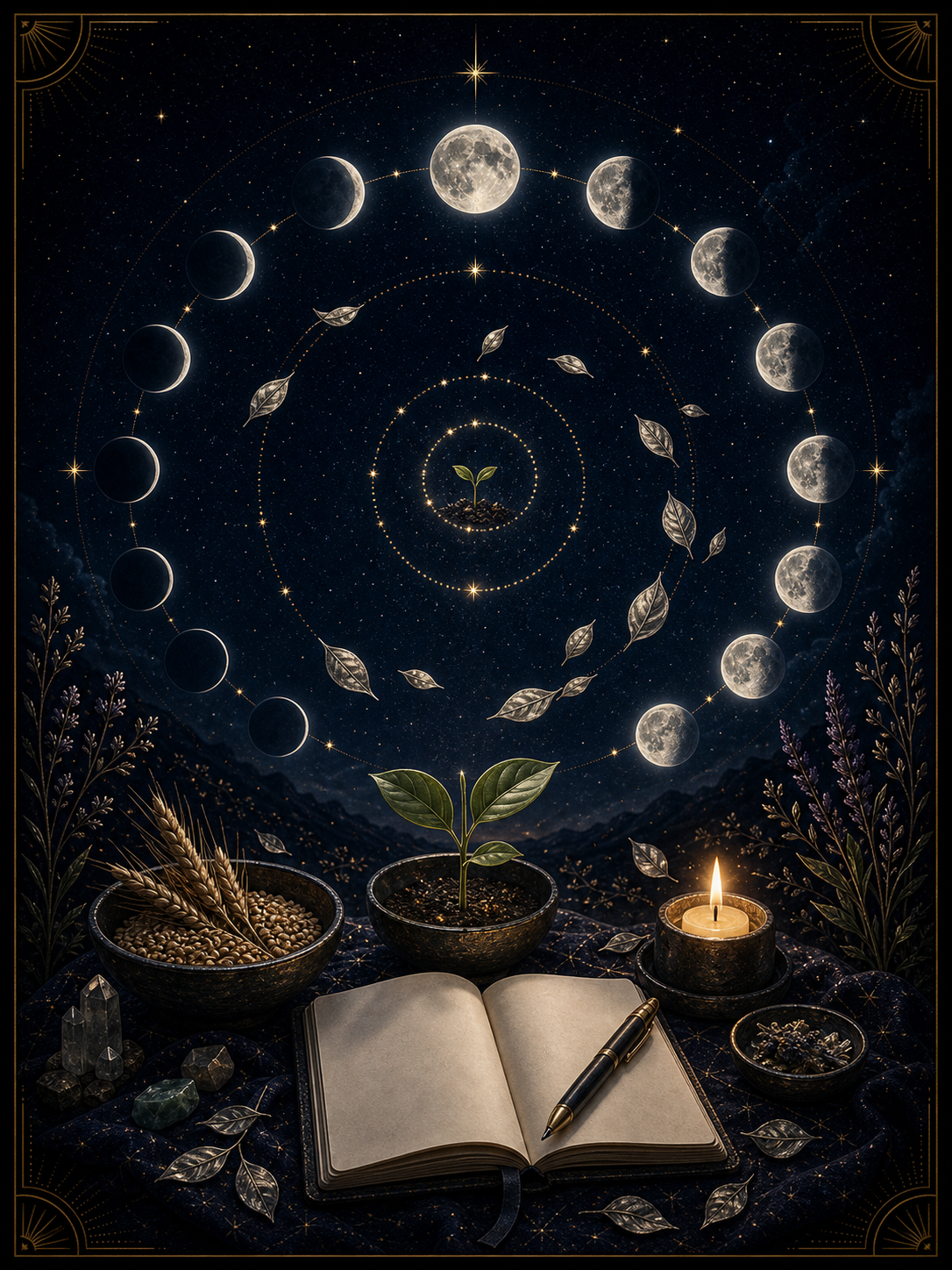 Moon manifestation integration image with phase spiral sprout harvest bowl journal candle and silver leaves
