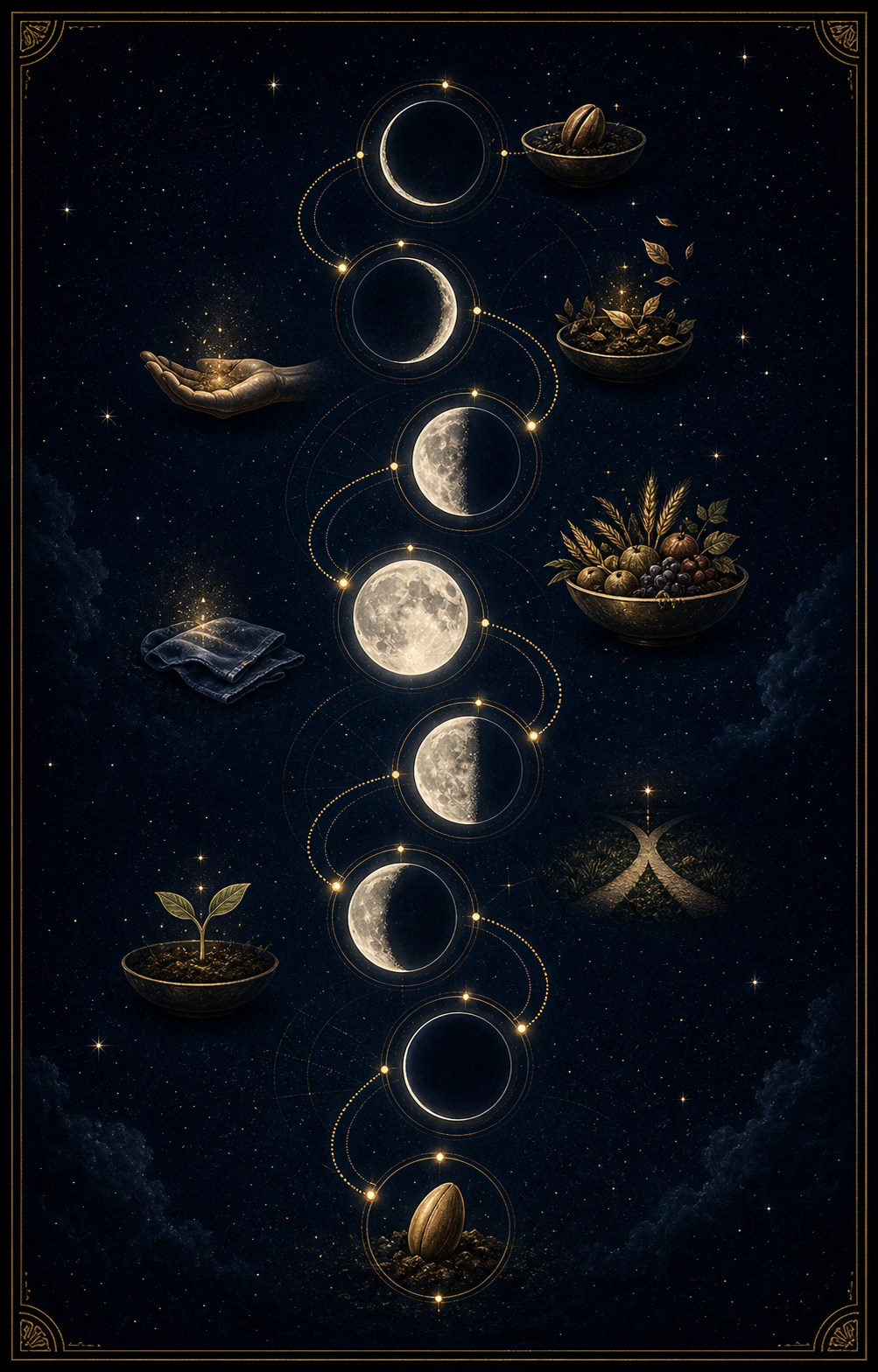 Eight moon phases astrology image showing a lunar cycle path from intention to release