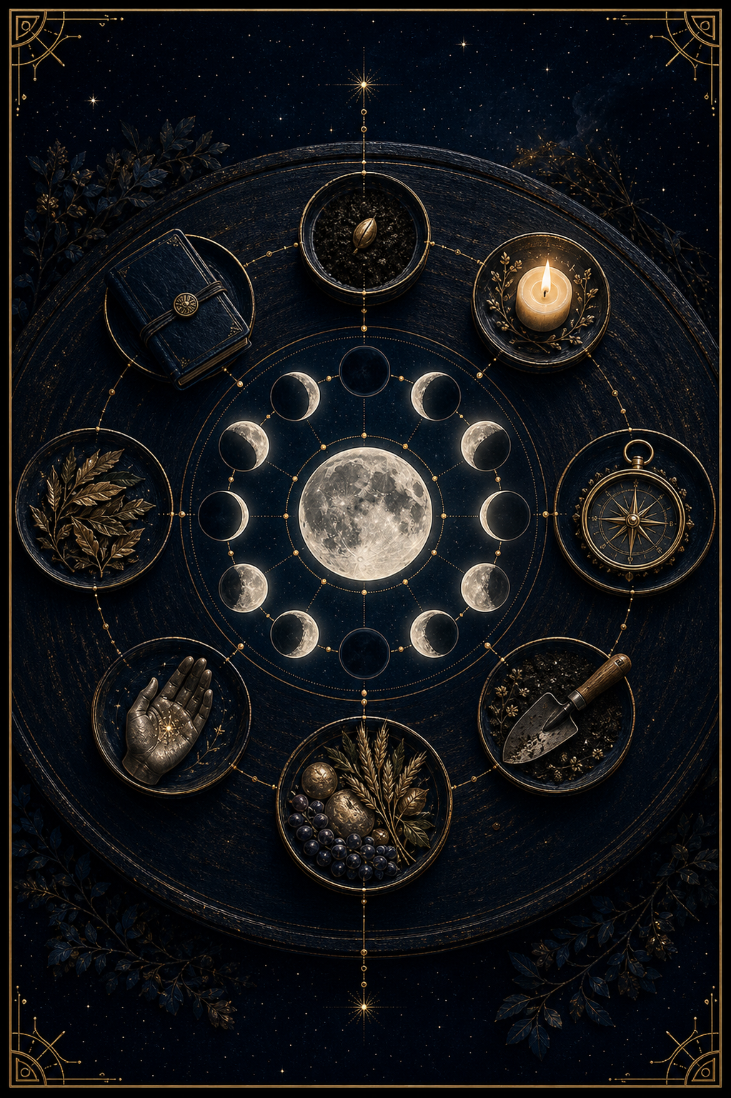 Moon phases living practice image with eight ritual objects arranged around a lunar cycle