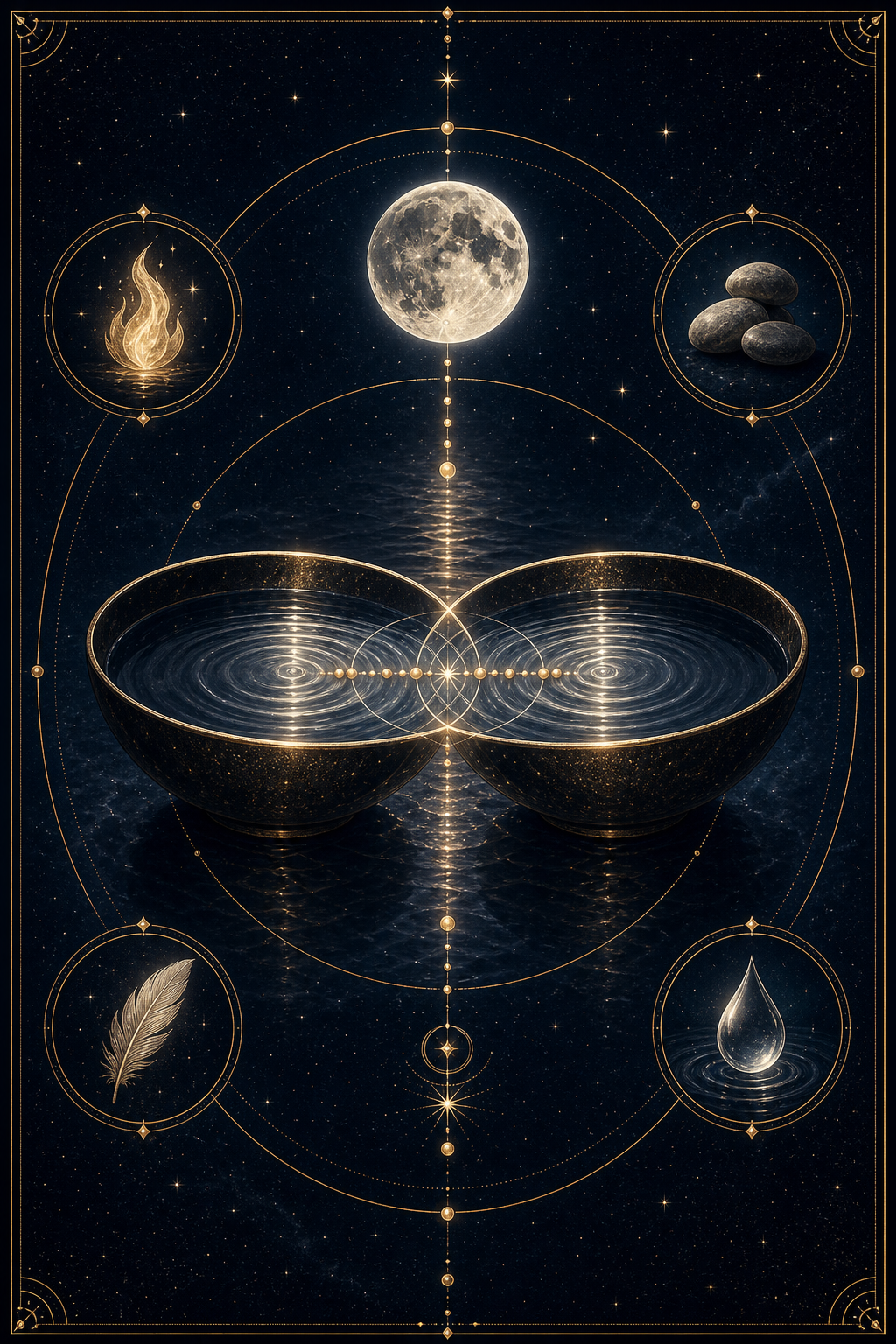 Moon sign compatibility integration image showing overlapping moonlit water ripples and element tokens