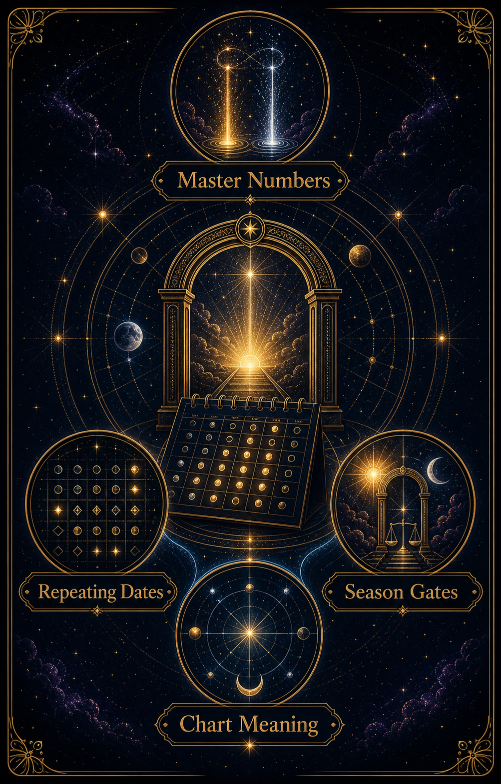 Powerful birthday dates gateway infographic with master numbers, repeating dates, season gates, and chart meaning