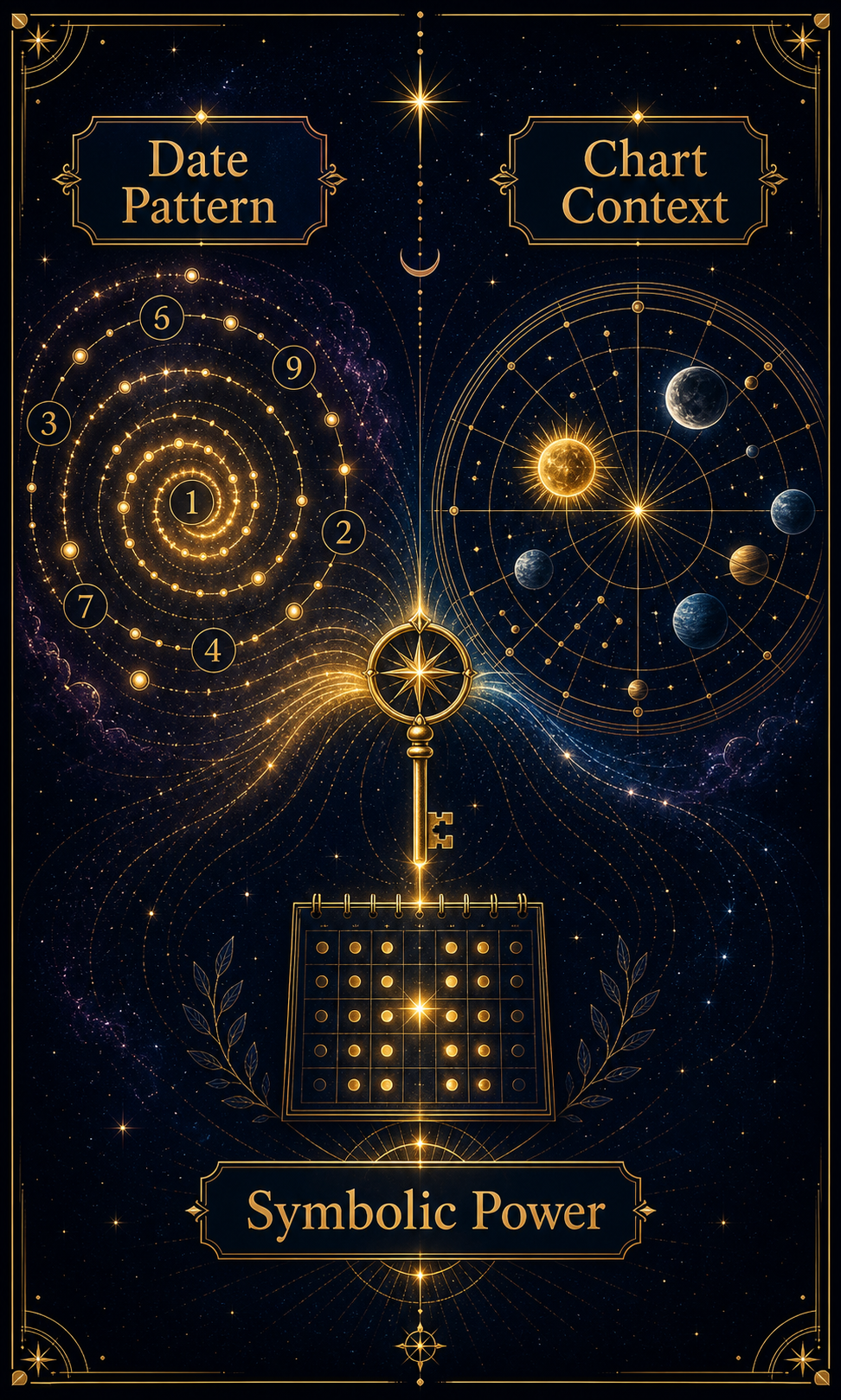 Powerful birthday dates core concept infographic with date pattern, chart context, and symbolic power