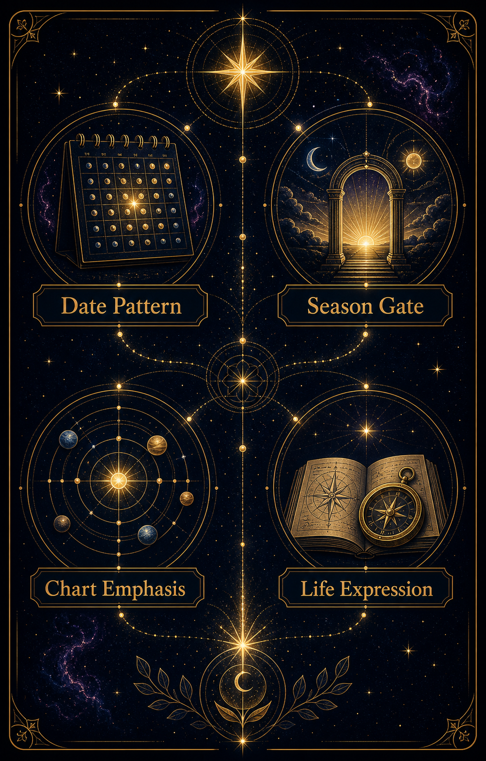Powerful birthday dates interpretation guide with date pattern, season gate, chart emphasis, and life expression