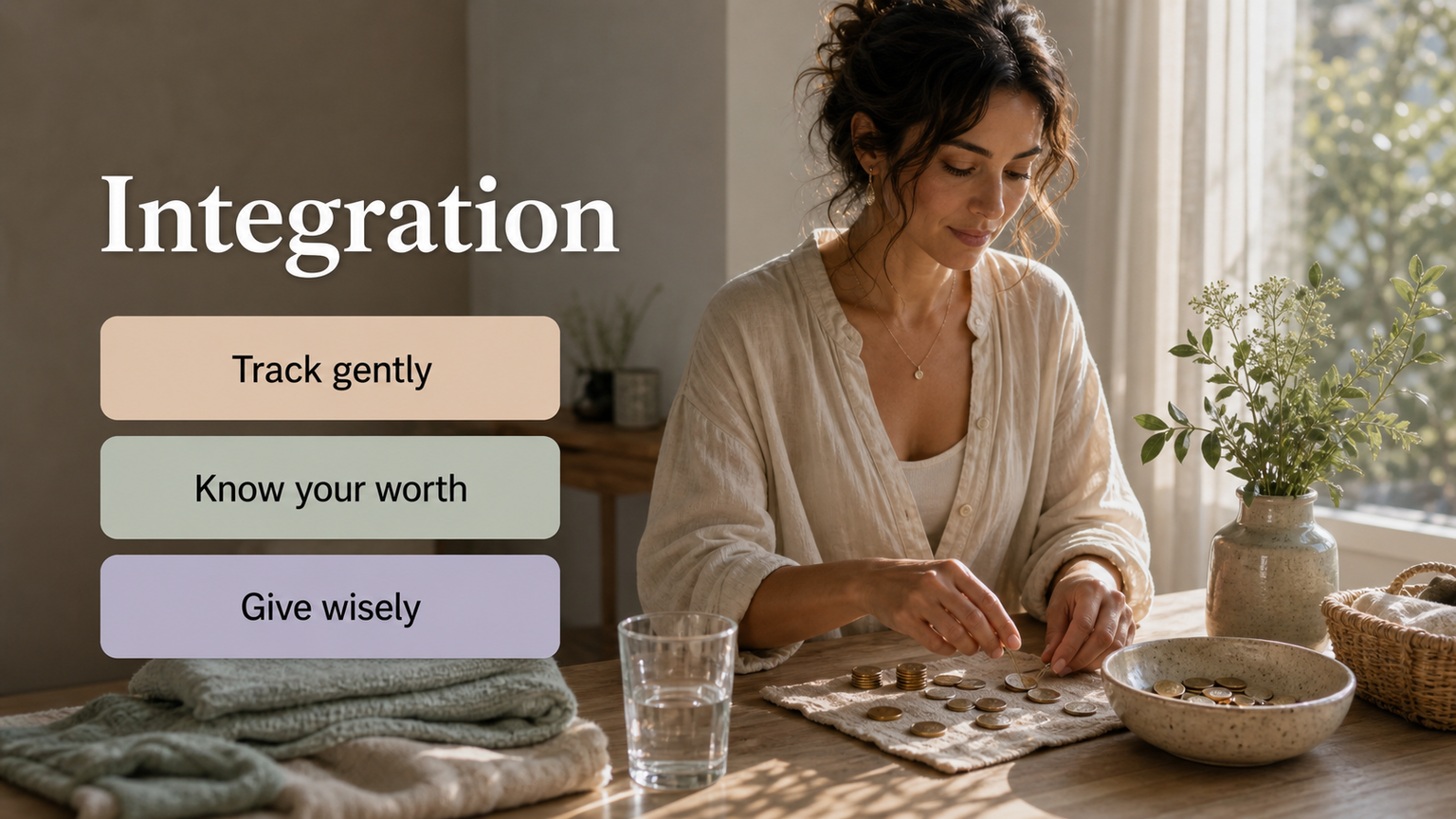 Neptune in the 2nd House lifestyle image showing practical integration of values, money fog, generosity, self-worth, and clear resources