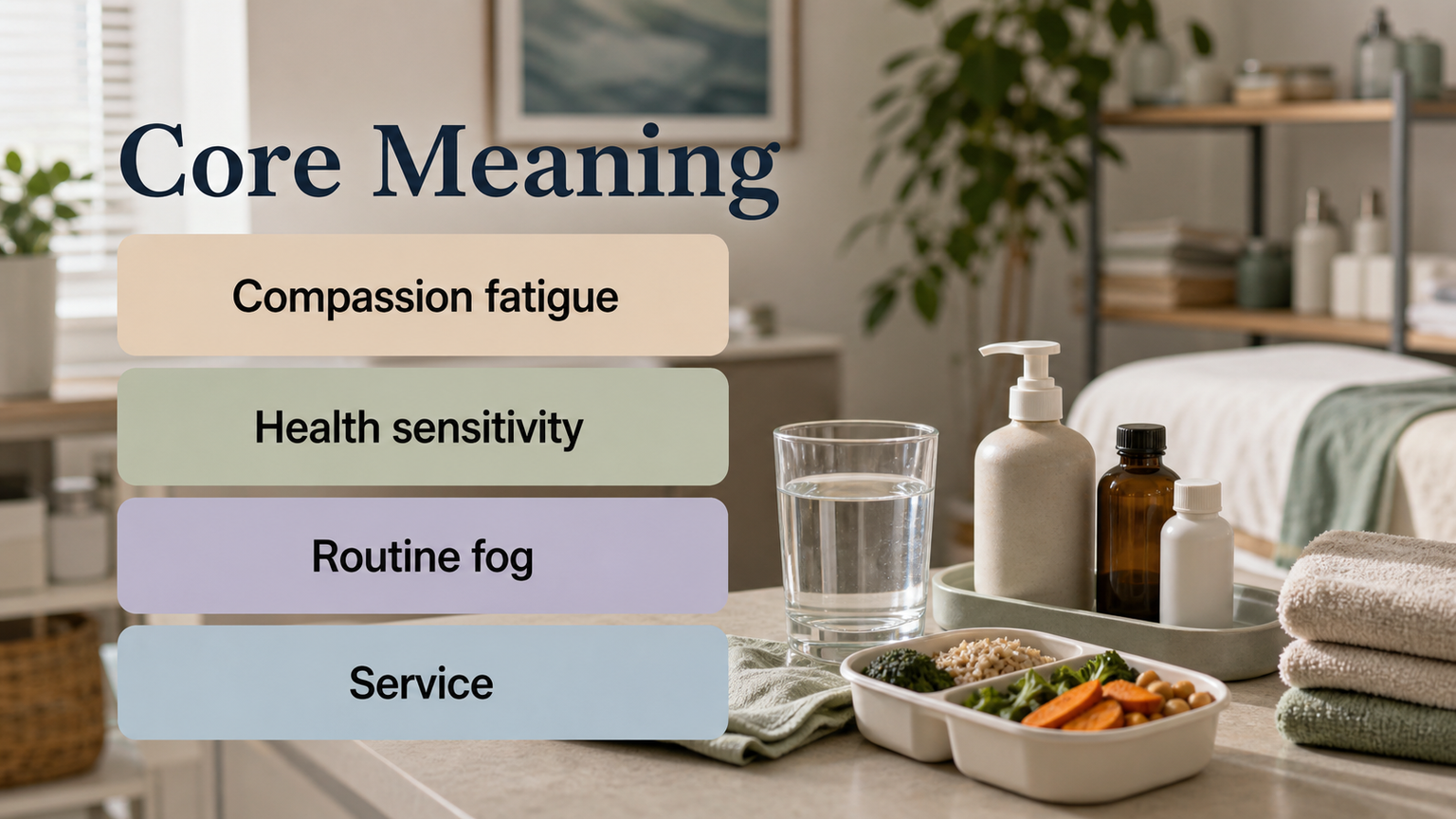 Neptune in the 6th House infographic image showing routine fog, compassionate service, health sensitivity, and practical care