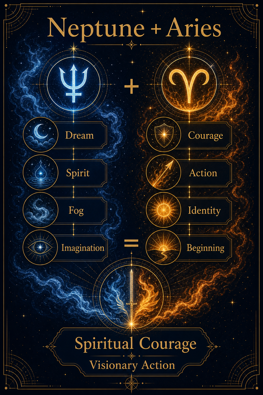 Neptune plus Aries meaning diagram showing dream, spirit, fog, courage, action, identity, and visionary action