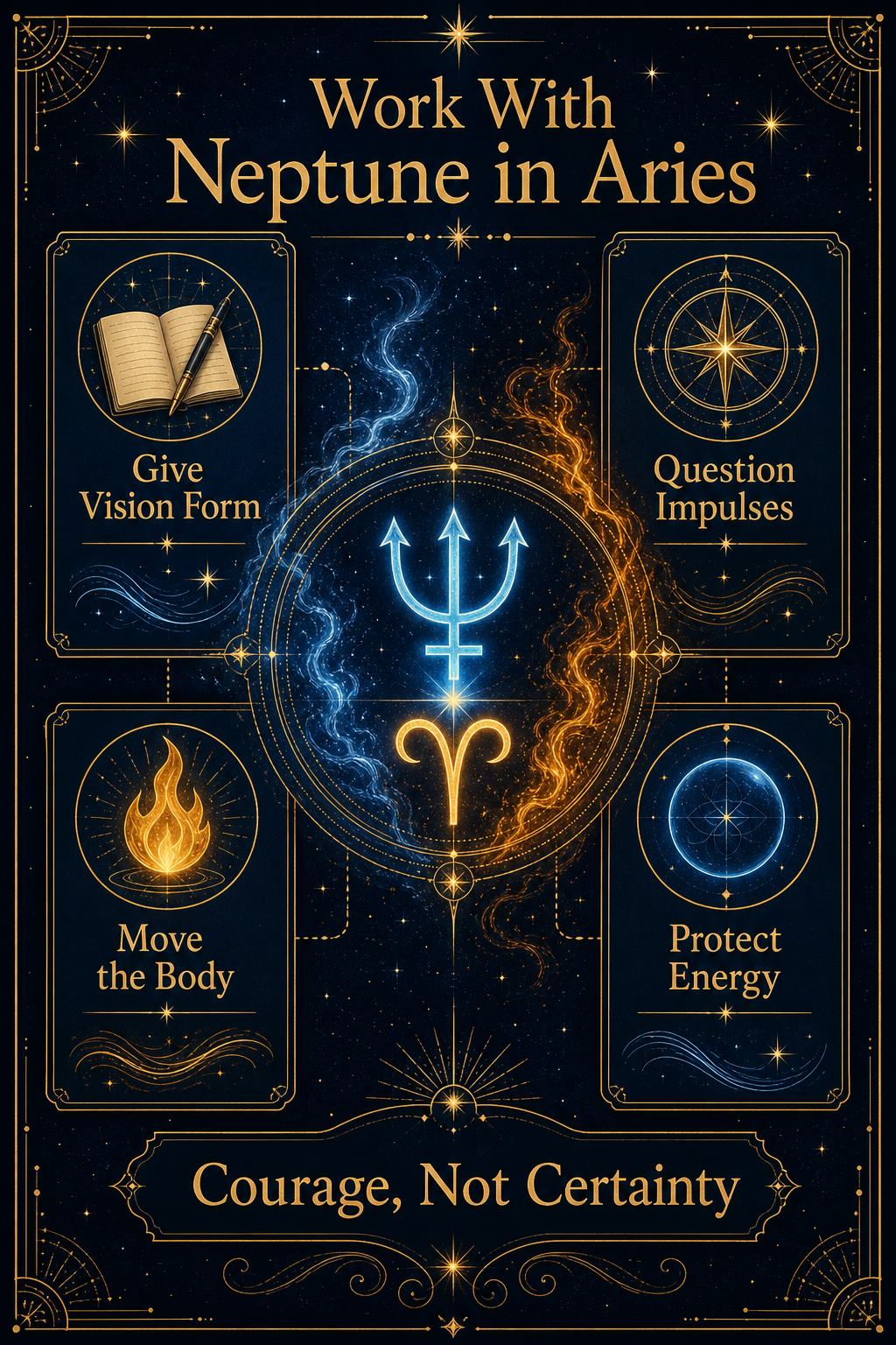 Practical Neptune in Aries guide with vision form, questioned impulses, body movement, energy protection, and courage not certainty