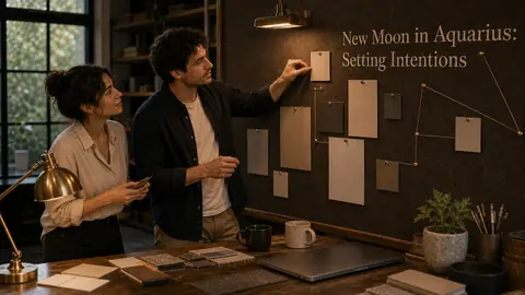 New Moon in Aquarius setting intentions image with blank notes and connecting lines on a studio wall