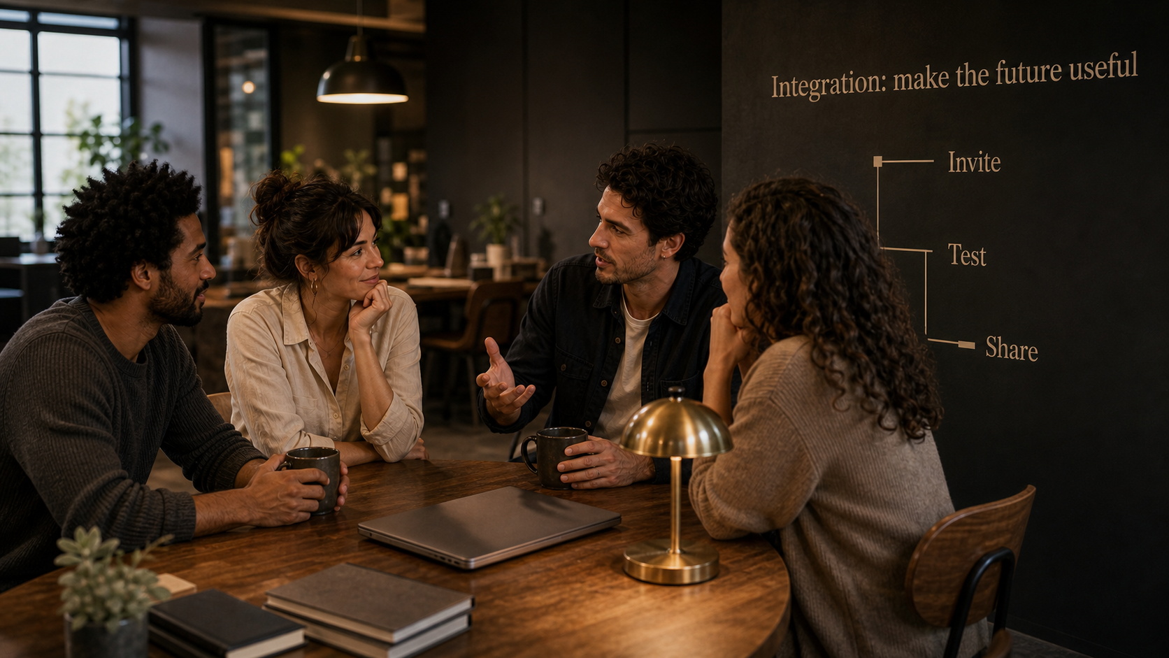 New Moon in Aquarius integration image with invite test and share steps in a group planning scene