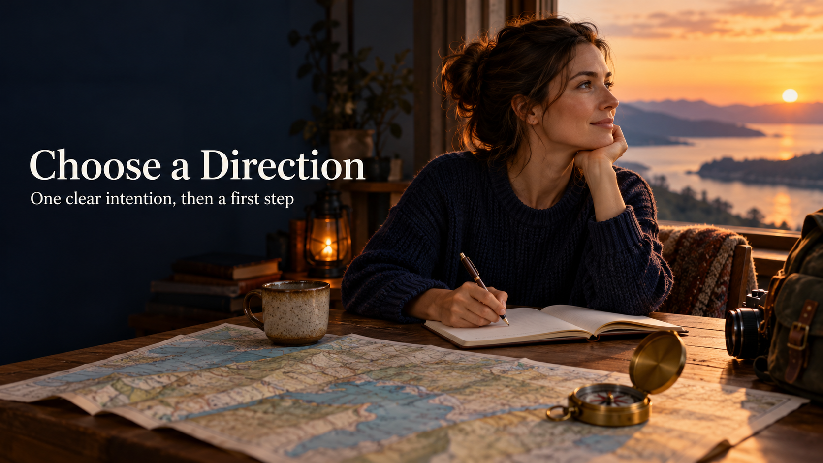 Follow the wider view: a traveler watches the sunset from a hilltop