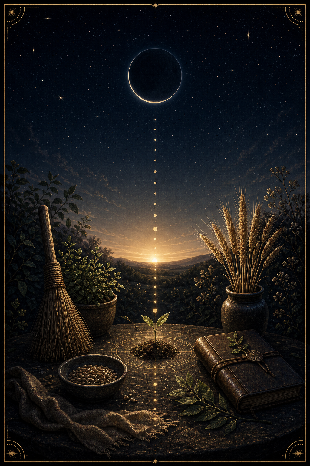 New Moon in Virgo September 2026 integration image with wheat, sprout, seeds, journal, and clearing symbols